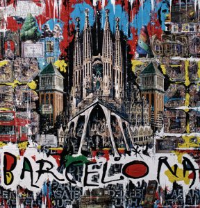 Mixed media artwork inspired by the city of Barcelona. Een mixed-media werk geinspireerd door de stad Barcelona