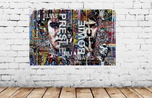 Mixed media artwork with faces of Elvis Presley and David Bowie on a white wall