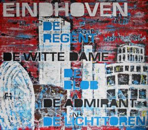 Schilderij van Eindhoven met daarop de witte Dame, de Blob en de Regent afgebeeld.