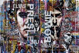 Mixed media artwork with faces of Elvis Presley and David Bowie. Both born on januari 8.