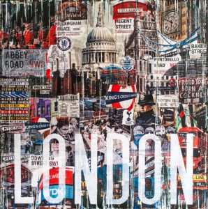 A Colourful mixed media artwork with photo's of st Pauls cathedral, Tower Bridge, Kings Cross, Big Ben and Picadilly Circus. Made by Frank van meurs