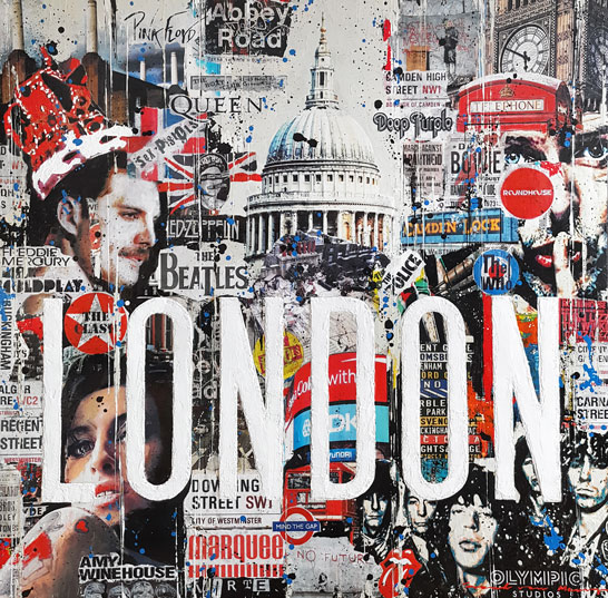 A modern colourful mixed media artwork with pictures of Freddie Mercury, Amy Winehouse, the Rolling Stones, David Bowie, the Big Ben, Abbey Road and Camden Lock in London. Made by Frank van Meurs