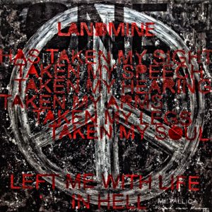 Painting with peacesign and lyrics of the Metallica song One. Painted by Frank van Meurs