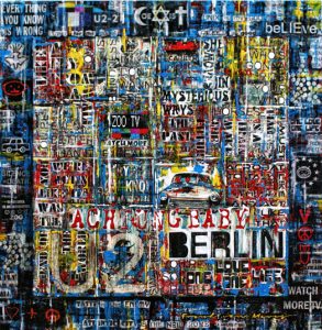 Colourful modern mixed media artwork with lyrics and titles of the U2 album Achtung baby. Painted by Frank van Meurs